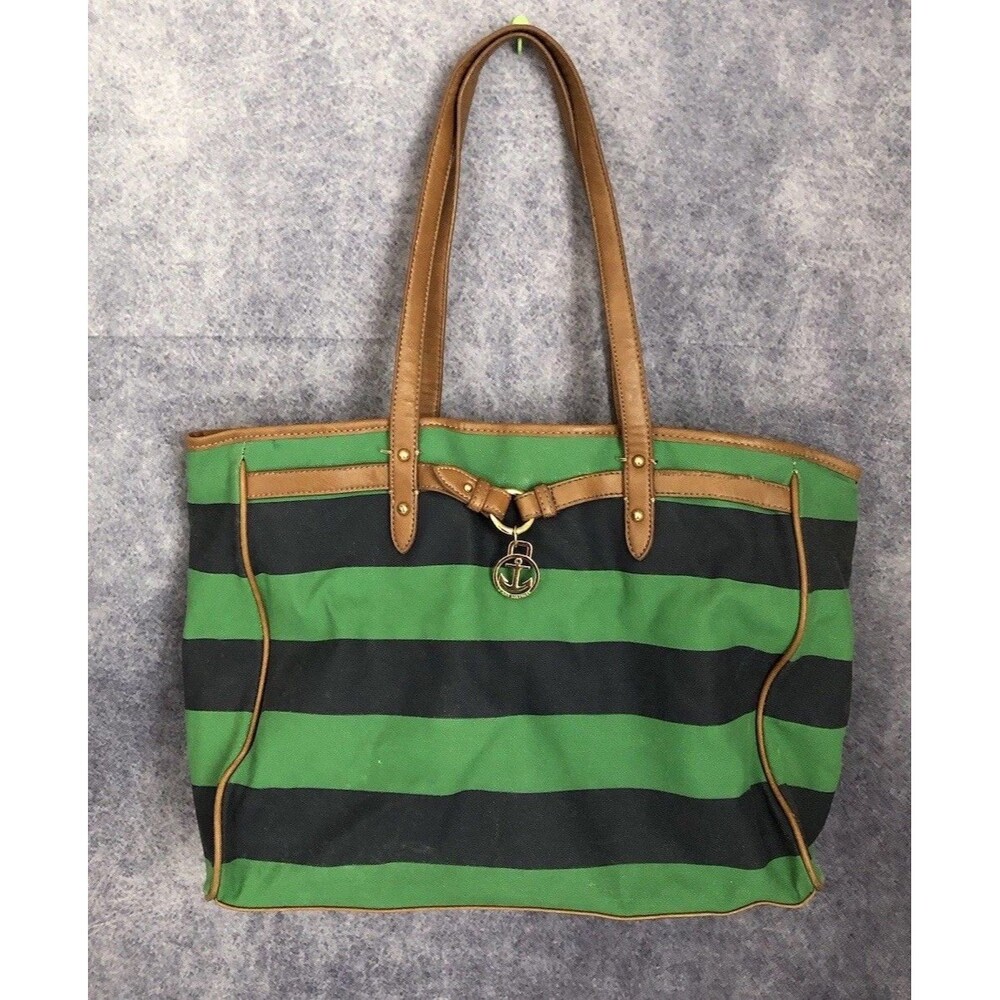 Vintage Tommy Hilfiger Blue & Green Striped Preppy Stripe Purse Tote Handbag